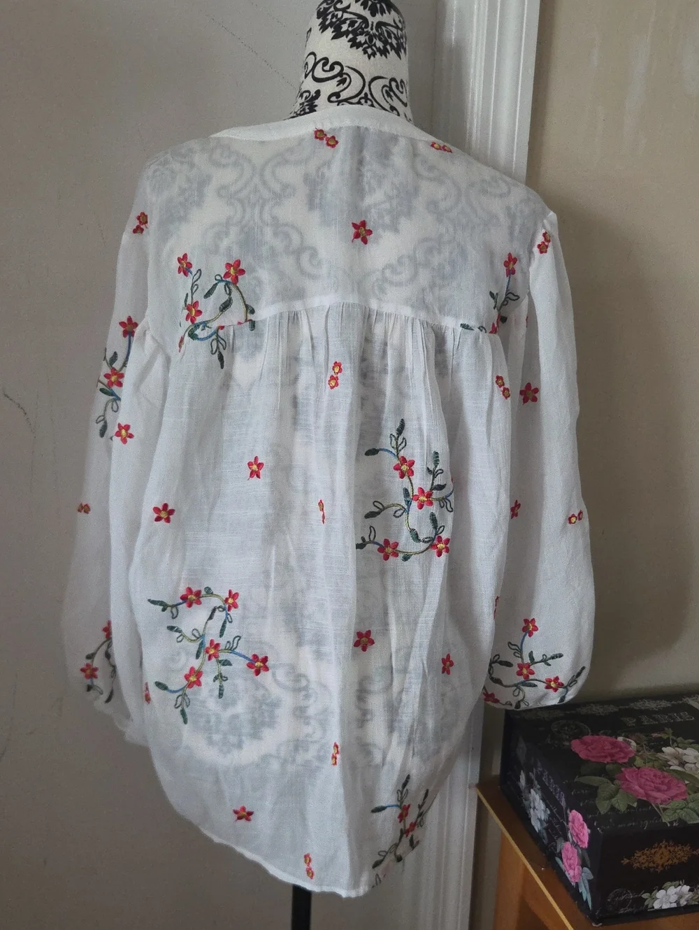 White Embroidered Floral Button-Up Blouse